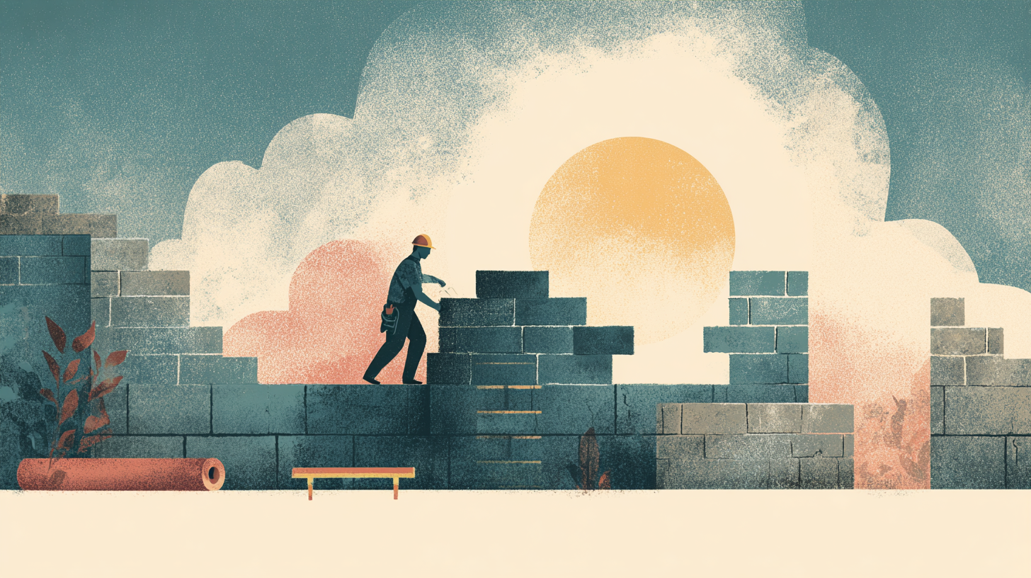 House construction metaphor: foundation finished, walls in progress, roof staged but not started